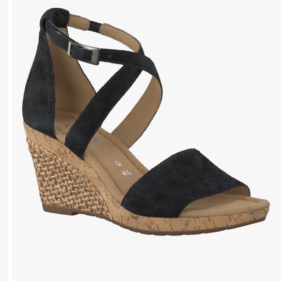 GABOR BLACK SUEDE Sandal Raffia Wedge Size UK 8 US 10-10.5 NWOB - Picture 1 of 9